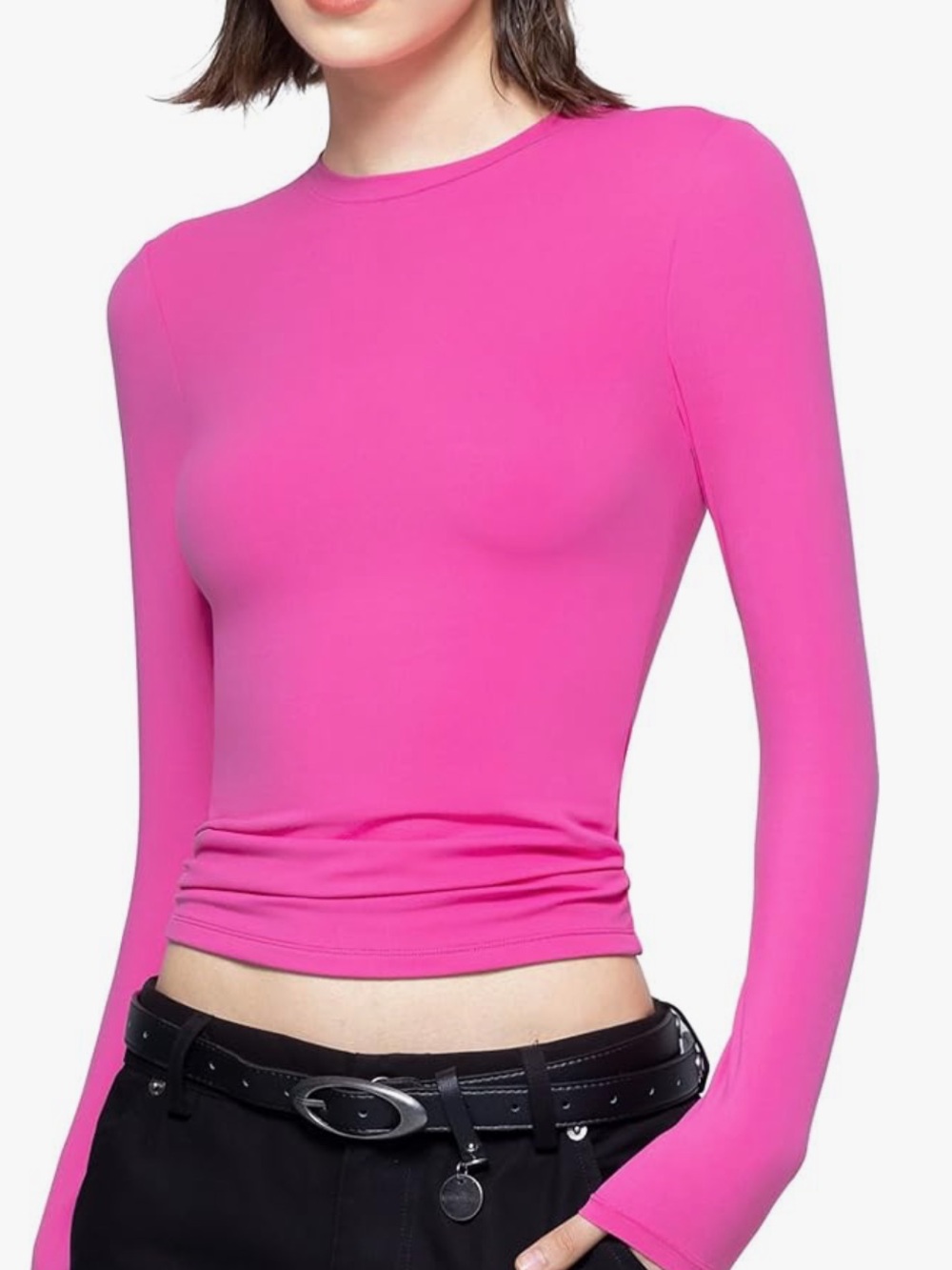Long-Sleeve Fitted Crewneck Top - Hot Pink
